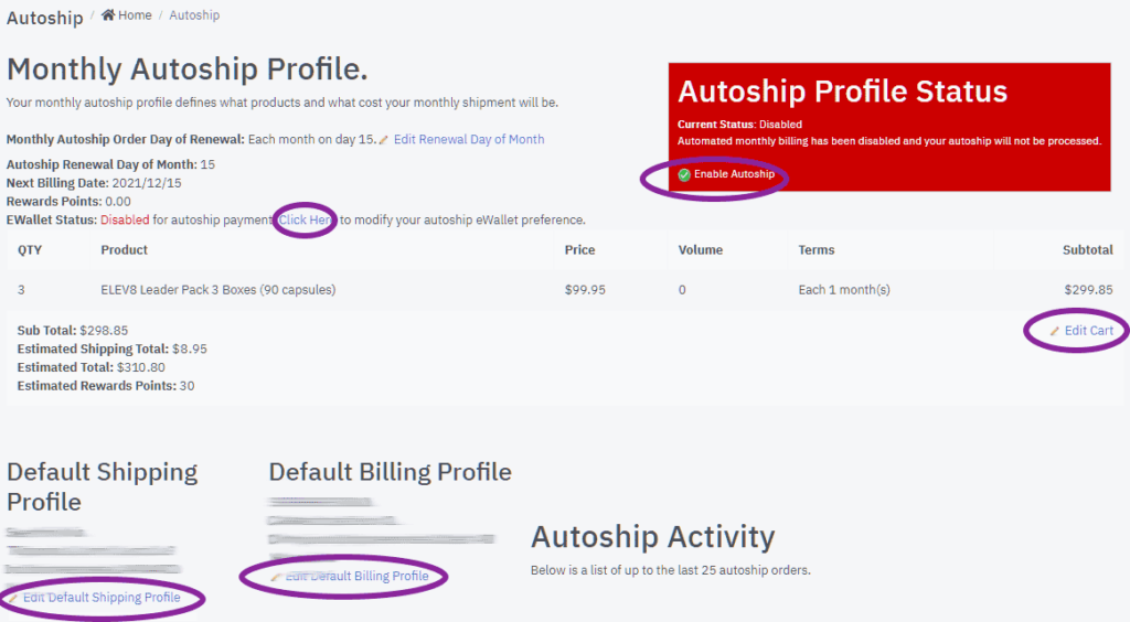 How to change autoship settings of BEpic account